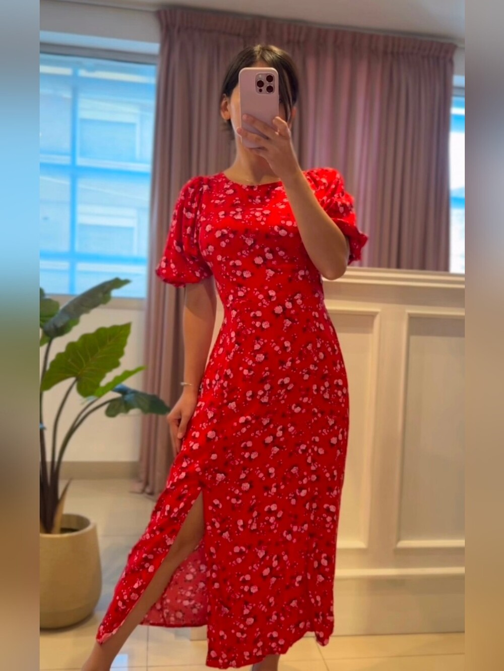 Old Navy Red Floral Puff-Sleeve Maxi Dress with Side Slit